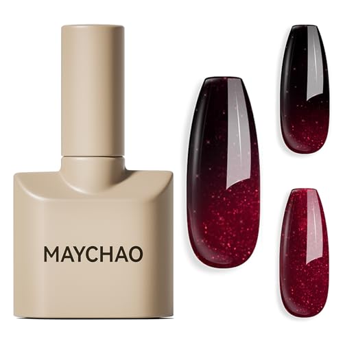 MAYCHAO 15ML Color Changing Gel Nail Polish 1Pc Burgundy Red Shimmer Mood Temperature Change Halloween Gel Polish Soak Off Ombre Thermal UV Nail Polish Nail Art Manicure DIY at Home, 0.5 OZ