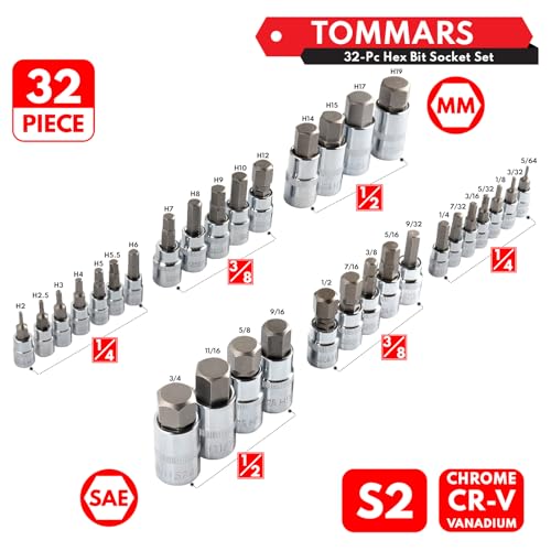 Image of TOMMARS 32-PC Master Allen Hex Bit Socket Set, SAE & Metric | 1 /4 inch, 3 /8 inch, 1 /2 inch Drive, 5 /64 - 3 /4 & H2 - H19, S2 Steel