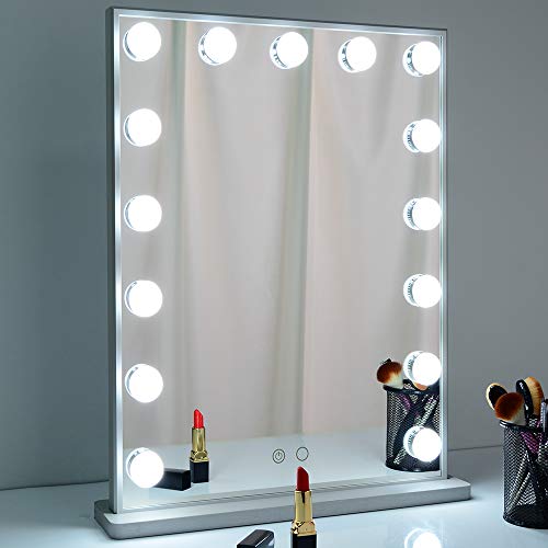 Espejo de tocador WONSTART, espejo de tocador con luces y luces de maquillaje, con 15 bombillas LED, para tocador y mesa, color plateado