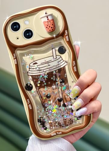 Toycamp for iPhone 13 Case 6.1 Inch - Women Girls Cute Cover Boba Milk Tea with Sliding Camera Cover Girly Bling Glitter Kawaii Fashion Teens Design Flowing Liquid Quicksand Phone Case for iPhone 13