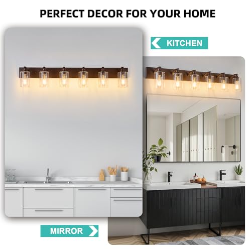 Image of 6-Light Bathroom Light Fixtures Modern ORB Vanity Lights | Easy to Install Clear Glass Shades, Wall Mount Up or Down, E26 Socket, Hardwired, 124V