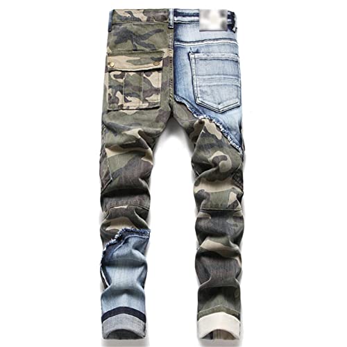 Men's Camo Patchwork Denim Jeans Distressed Patched Cargo Hip Hop Jeans Multi Pockets Washed Patches Jean (Armygreen,32)