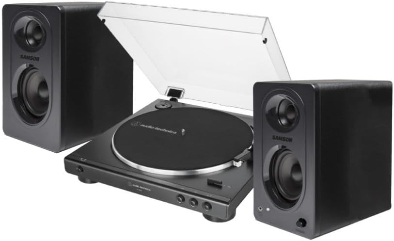 AT-LP60X Fully Automatic Belt-Drive Stereo Turntable with Built-in Preamp and USB Output Vinyl Playback Bundle with 3-Inch Powered Studio Monitors Pair (Black) (3 Items)
