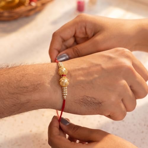 Image of Peora Om Shree Ram Swastik Rakhi for Brother Bhaiya | Crystal & Beads Studded | Red Thread | Raksha Bandhan Hamper with Roli Chawal Greeting Card
