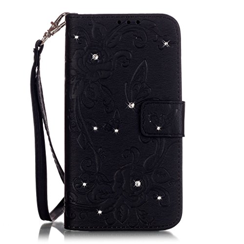 PowerQ Colorful Pattern Series Painting Print PU Artificial-Leather Case Holster < Rhinestone embossed Butterfly ( Black ) - for Samsung Galaxy S7Edge G935 > Drawing Flower Bloom Wallet Purse Bag Cellphone Case mobile Cover Soft Protect Skin with Credit Card Stand Holder Bracket