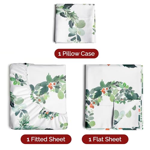 Twin XL Christmas Holiday Wreath Sheet Set - Holiday Xmas Pattern Bedding Set - Deep Pockets - Snug Fit - 3 Piece - Wrinkle Free - Comfy Festive Winter - Holiday Sheets for Women, Men, Kids & Teens