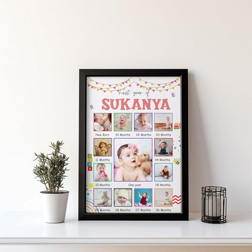 Image of ASHVAH 12 Months Baby Girl Photo Frame 01st Birthday One Year Personalized 12 Images With Texts Best Gift (BABY 12 MONTH) - A3 Size