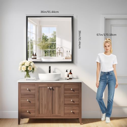 Image of Bathroom Mirror, 36 x 36 inch Brushed Black Square Mirrors for Wall | 0.6 inch Thickened Deep Frame Rectangle Mirrors for Over Sink, Shatterproof Tempered Glass, Antirust, Horizontally or Vertically