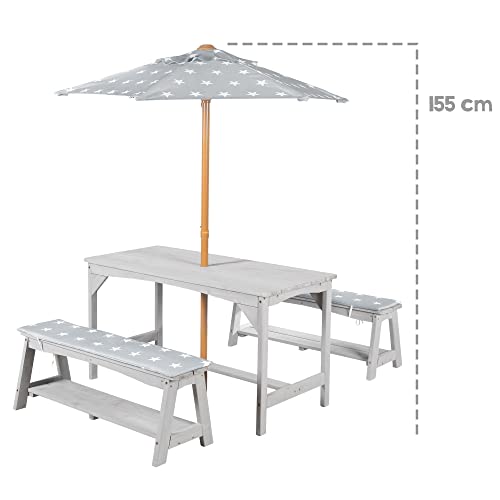 Roba Set Di Sedute Per Bambini Picnic +1 Tavolo, 2 Panche, Ombrellone E Cuscini – Per Esterno E Giardino – Resistente Alle Intemperie – Motivo Con Stelline – Legno Grigio - 8