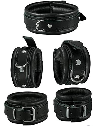 Bondage Set gepolstert echt Leder Hand und Fuß Fesseln Fessel + Halsband Fesselset schwarz Handfesseln Fußfesseln gepolstert TOP QUALITÄT