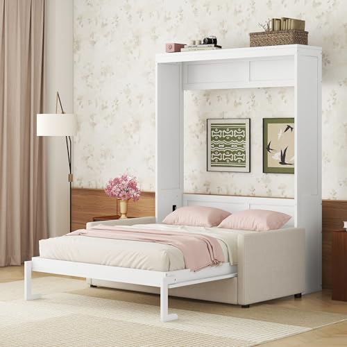LOPOO Cama de pared tamaño Queen que ahorra espacio con sofá y almacenamiento, fácil de usar, color blanco
