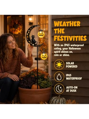 Solar Halloween Black Cat & Pumpkin Moon Garden Stake Light, Metal Crescent Moon & Pumpkin Lantern, Outdoor Waterproof LED Yard Decoration with Crescent Moon, for Patio Lawn Path Yard (D #) - image 8