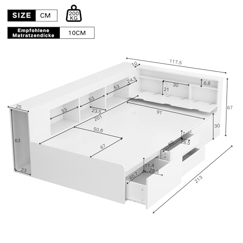 Aoskem Einzelbett Kinderbett Bett 90x200 Bett mit Stauraum Schubladen & Stauschrank & Bücherregal, Holzbett Stauraumbett Bettgestell Bettkasten, Flachbett Jugendbett Funktionsbett, Ohne Matratze, Weiß
