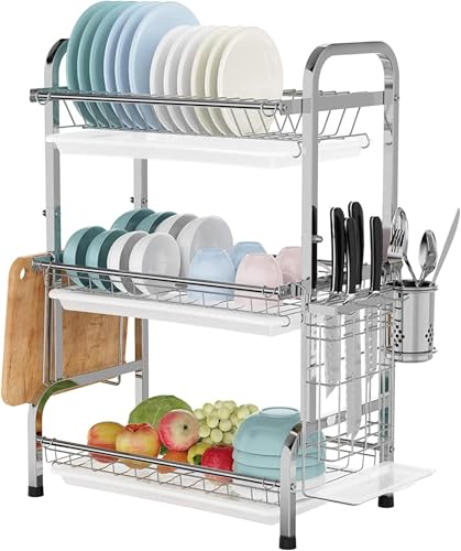 水切りラック 3段式 SUS304ステンレス製 大容量 食器乾燥ラック 箸立て ナイフホルダー まな板ラック 収納ラック キッチン用品 おしゃれ 防蝕防錆 組み立て簡単 (シルバー(3段式))