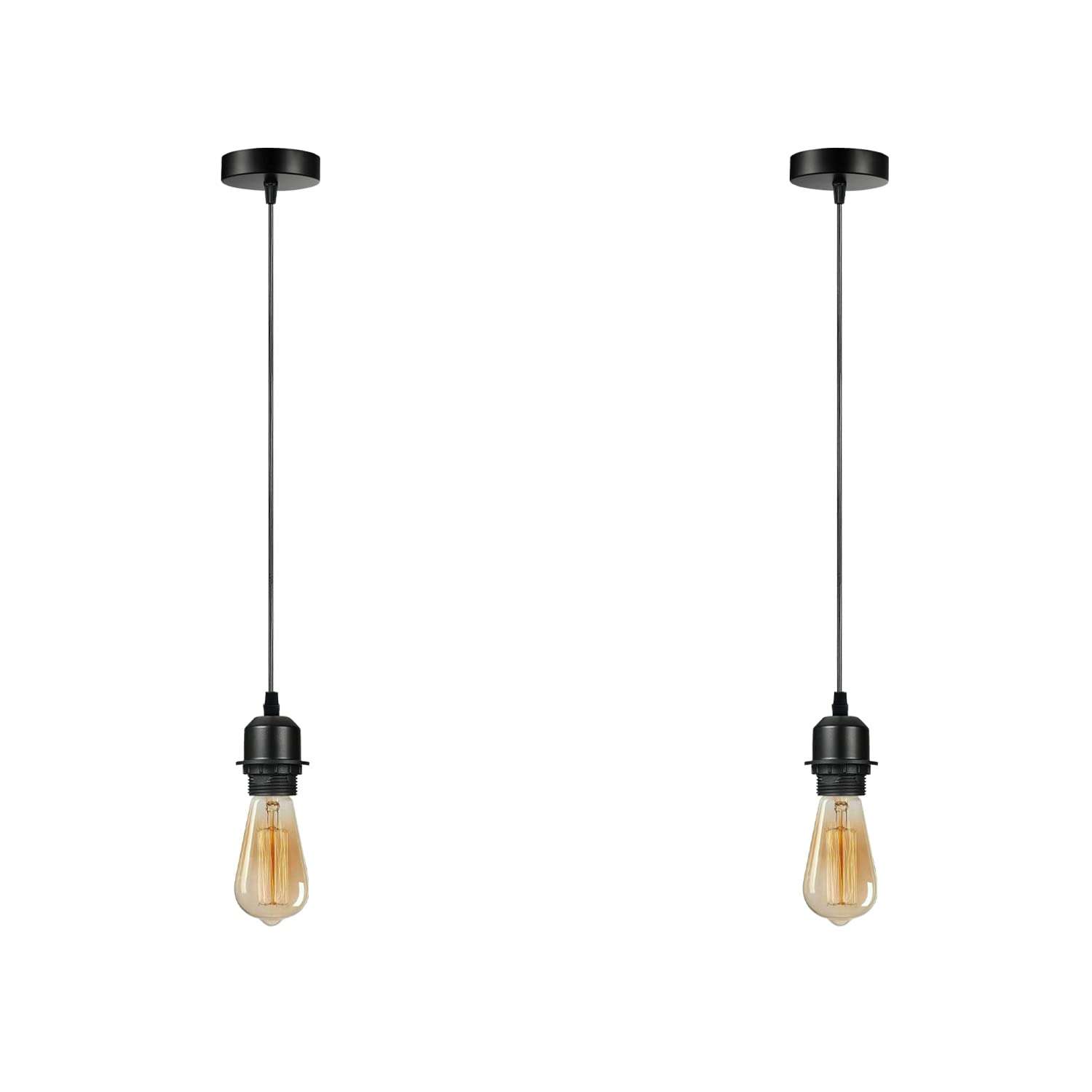 LEDSone Industrial Black Ceiling Light, E26/E27 Screw-in Metal Socket with Locking Ring for Lampshade, 100cm Adjustable Braided Flexible Cable, Ceiling Rose - Pack of 2