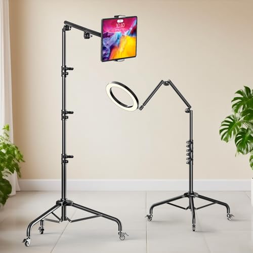 Takerers for Rolling iPad Stand Floor with Casters, Tablet Floor Stand Tripod for Ring Light/iPad/Phones/Mic/DSLR Camera, 1/4'' 3/8'' 5/8'' Screw, Ball Head, 3-Section Detachable Articulating Arm