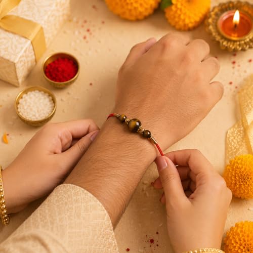 Image of Shubhanjali Crystal Beads Rakhi for Brother | Handmade Healing Crystal Stone Designer Rakhi for Bhaiya | Raksha Bandhan Gift Set with Roli Chawal, Kumkum, Greeting Card & Potli