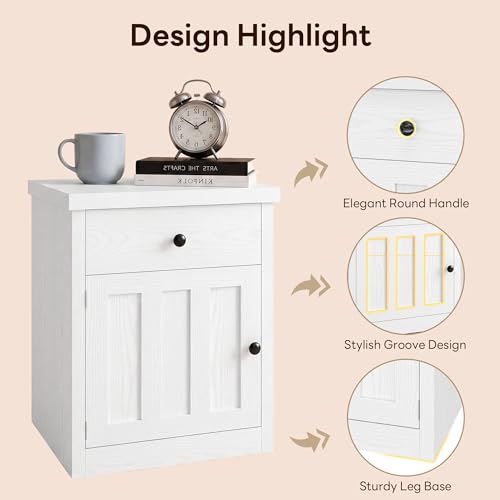 Image of LIKIMIO Modern Nightstand with Drawer & Cabinet, for Bedroom /Living Room | Farmhouse Bedside Table,Ample Storage, Sturdy and Durable, Easy Assembly, White
