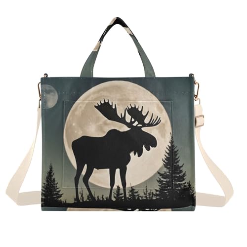 Corduroy Tote Bag for Women Moose Silhouette Print, Handbag Purses with Detachable Strap Size Small