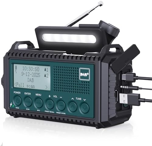Kurbelradio DAB/DAB+/UKW, Baustellenradio Solar Radio Batteriebetrieben | Tragbare Notfallradio mit 5000mAh Wiederaufladbare Akku, LED Taschenlampe & Leselicht, IPX4, SOS-Alarm für
