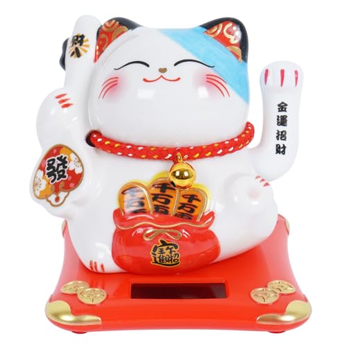 Lucky Cat Waving Arm 4 Inch Good Lucky Fortune Cat Maneki Neko Chinese Cat Statue Moving Arm Solar Power Waving Cat Decorations for Home Office Shop Desk Car Business Openings (Happiness Key)