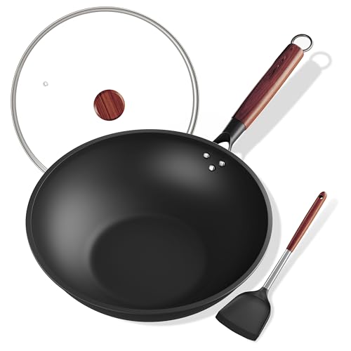 Frskalet 33cm Wokpfanne mit Deckel & Silikonspatel Kohlenstoffstahl, Keine Chemische Beschichtung Wok zum Kochen von Gerichten für 3-6 Personen, Geeignet für Induktions, Elektro und Gasherde