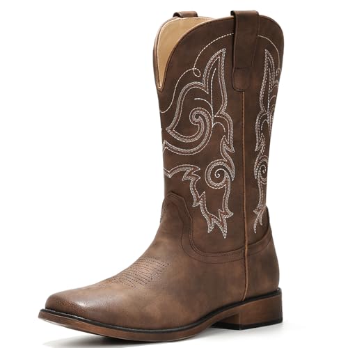 Image of IUV Cowboy Boots For Women Square Toe Cowgirl Wide Mid Calf Western Boots | Comfortable, Pull-on, Colorful Embroidered, Vintage-modern, Stylish for Daily Life and Outdoor Adventures.
