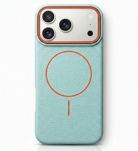 Image of amazon basics Luxury MagSafe Compatible Leather Texture Back Cover for iPhone 17 Pro Max | Raised Camera Protection | Slim Fit Shockproof Case with Metallic Accents (Light Blue)