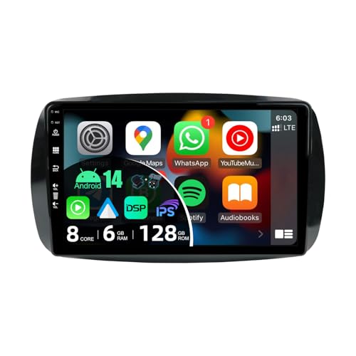 BXLIYER - [Octa-Core, 6G+128G] - Android 14 IPS Autoradio para Benz Smart 453 Fortwo (2014-2020) - CarPlay/Android Auto - LED Cámara & Mic - 9 Pulgada 2 DIN - DSP Dab WLAN Volante 360-CAM Fast-Boot