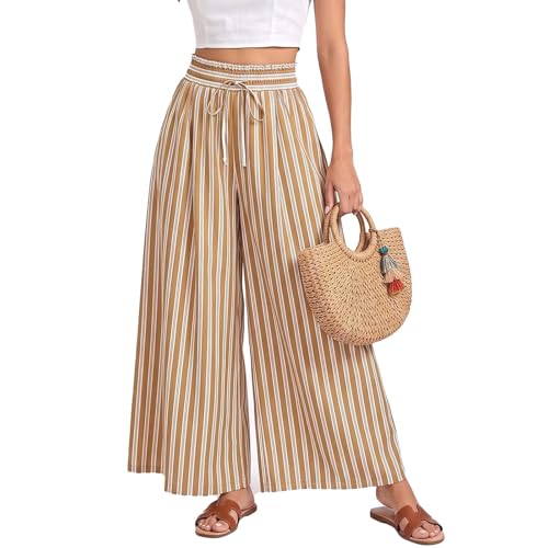 QIBISTO Women's Clothing Vacation Outfits Wide Leg Palazzo Pants Summer Striped Flowy Pants with Pockets Casual Beach Pants (US, Alpha, Large, Regular, Regular, Khaki)