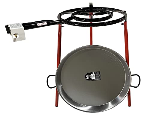FERRETERIA LEPANTO Kit Paellero, Quemador a Gas butano, paellera acero pulido, regulador de Gas + 1,5 metros de Manguera, soporte de 3 Patas reforzadas (46)