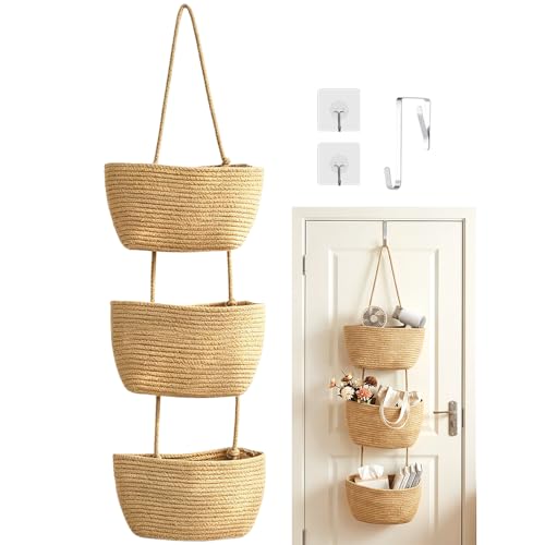 Image of Mbuaopa Over the Door Hanging Basket, 3-Tier Cotton Rope Woven Storage Basket with Hook, Decorative Hanging Baskets for Bedroom, Bathroom, Kitchen, Office, Nursery, Beige, Brown