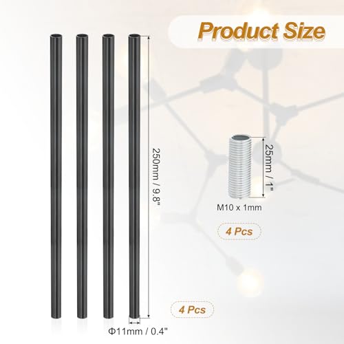 Image of PATIKIL Threaded Extension Rod, 4 Sets 10 inch M10 x 1mm Fine Thread Lamp Pipe with Lamp Pipe Nipples for Pendant Light Island Lighting Chandeliers Stems, Black
