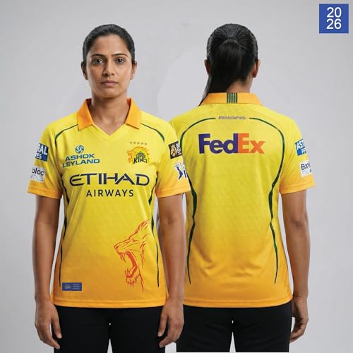Image of playR x Chennai Super Kings Original Match Jersey IPL 2026 - Adult Plain Half Sleeve CSK Cricket T-Shirt, Regular Fit Sportswear Tee for Training, Outdoor & Match Day Activewear for All Season