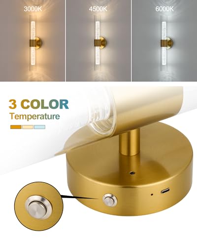 Easy Install Battery Operated Wall Sconce, Rechargeable Wireless Wall Sconces Set of Two 10000mAh 3000K/4500K/6000K Timer Function Battery Operated Wall Light with Remote Control for Living Room Gold