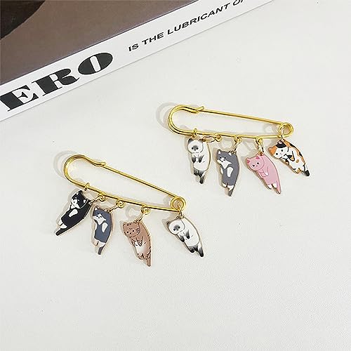 Image of Lovely Cat Charms Gold-Tone Safety Pins - Calico, Ginger, Siamese Cat Dangle Accessory Brooch Pin for Cat Lover Gift