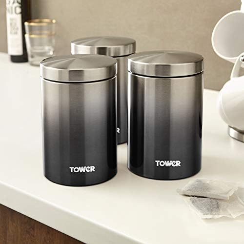 Tower T826071GRP Ombre Kitchen Storage Canisters, Tea Coffee Sugar Set with Steel Body and Ombre Design, Graphite
