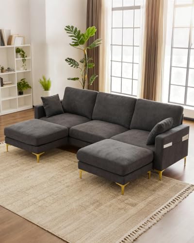Image of Karl home 99.6 inch 3-Seat U-Shaped Sectional Sofa, Gray | Chenille Upholstered, 2 Movable Ottomans, Cloud-Like Seat, 2 Throw Pillows, Comfy Deep Seat, Living Room, Apartment, Office