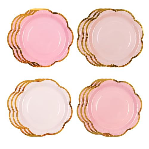HiEnjoin 48 Stück Rosa Partyteller, Farbverlauf Rosa Dessert Partyteller Goldfolie Überbacken Rand Einweggeschirr Für Baby Dusche Geburtstag Hochzeit Braut Parteien