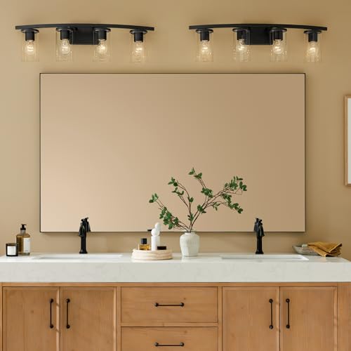 Image of Kichler Crosby 31.25 inch 4-Light Bathroom Vanity Light Fixture with Clear Glass in Black, Modern Wall Mount Light for Bathroom Over Mirror (31.25 inch x 8.75 inch), 45498BKCLR