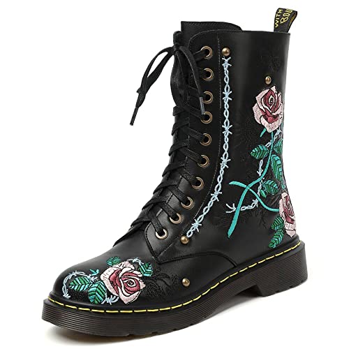 TinaCus Handmade Women's Genuine Leather Ethnic Embroidered Floral Round Toe Low Chunky Heel Front Lace Up Combat Boots Shoes