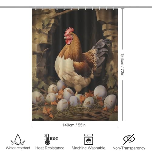 Rideau de douche imperméable en polyester imprimé poules 140x183cm - 4