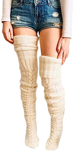 Women's Cable Knit Thigh High Boot Socks Extra Long Winter Over Knee Stockings Leg Warmers (Beige)