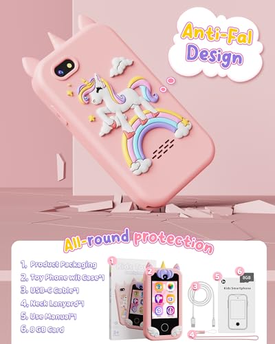 Image of KOKODI Kids Smart Phone Toys, Birthday Gifts Unicorn Toddler Play Phone for Girls 3-10, Touchscreen HD Dual Camera Cell Phones for Kids, Travel Toys Preschool Learning Toy for Kid with 8GB SD Card