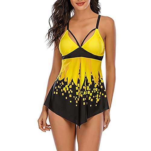 OutTop Tankini Swimsuits for Women Flounce Two Piece Bathing Suits Fashion Printed Push Up Swimwear Strappy Swim Dress (Yellow, L)