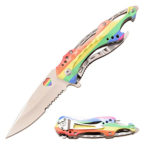 MTECH USA Folding Knife, 3.75-Inch Half-Serrated Blade, Titanium Coating, Glass Breaker, Pocket Clip (Rainbow)
