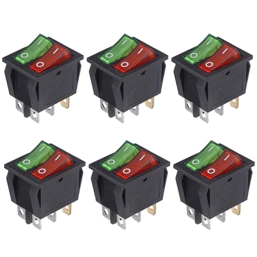 VEXUNGA 6pcs Mini Light Switch 6 Pin On Off Red Green Lighted Double Boat Rocker Switch 20A 125V AC 15A 250V 2 Position Illuminated SPST Dual Switches for Car Marine