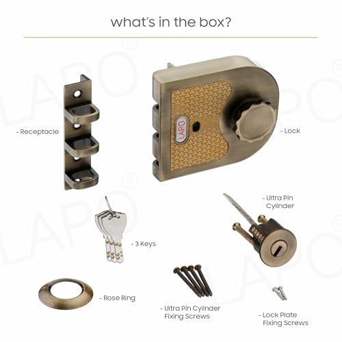 Image of LAPO XL Rim Lock | Antique Brass Finish Heavy Duty Deadbolt Lock | Ideal for Wooden, Sliding & Double Doors | Compatible with Left & Right Inside Opening | 4 Brass Keys | 3-Year Warranty