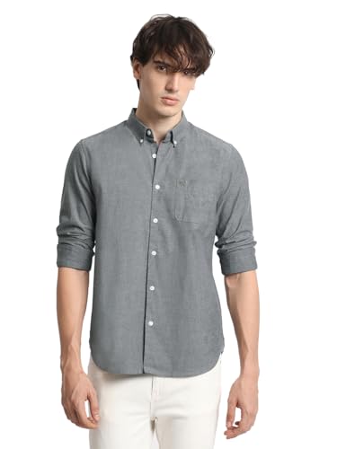 Image of THE BEAR HOUSE Men's Grey Solid Slim Fit Cotton Casual Shirt