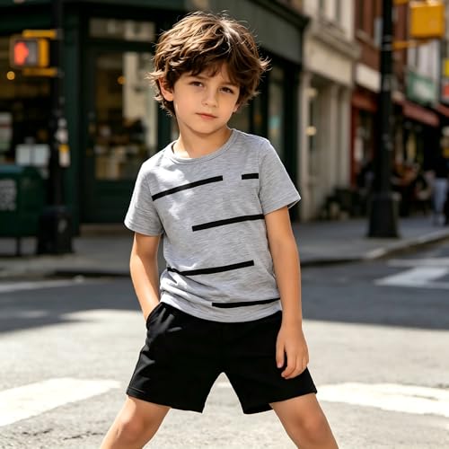 Image of 4-8T Toddler Boys 2-Piece Summer Casual Outfit Striped Print Short Sleeve T-Shirt & Shorts Set